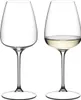 Two wine glasses on a white background. One glass is empty, and the other contains white wine. Produktbild-Vorschau