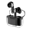 A pair of black wireless earbuds with silver accents are placed inside their transparent charging case. The case is open, revealing the earbuds docked within. Podgląd zdjęcia produktu