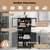 A bathroom cabinet with its doors and drawers open, showcasing storage space and items. The image includes text overlays highlighting features. Náhled obrázku produktu
