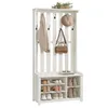 A white hall tree with a shoe bench and coat hooks, featuring a jacket, a handbag, a hat, and shoes. Náhled obrázku produktu