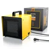 A yellow and black construction heater is shown next to its packaging. Produktbild-Vorschau