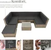 A modular rattan lounge set with a coffee table and ottoman, shown outdoors with descriptive text and close-up feature callouts. Náhled obrázku produktu