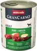 A can of dog food with images of meat and apple slices. Produktbild-Vorschau