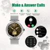 A smartwatch with a sparkling dial and a mesh strap, shown alongside marketing graphics illustrating its call features. Náhled obrázku produktu