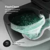 A cutaway view of a toilet bowl showing water flow and highlighting its features. Produktbild-Vorschau