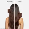 A split image showing a woman's hair before and after using a hair product. Close-up insets highlight the texture of the hair in both stages. Voir les images du produit