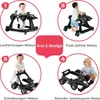 A collage showing a baby walker in four different modes: as a walker, as a push-behind walker, as a push car, and as a ride-on car. Each mode is illustrated with a baby interacting with the product. Produktbild-Vorschau
