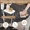 Close-up of a marble-patterned tabletop with decorative items and a hand cleaning it, along with feature icons at the bottom. Produktbild-Vorschau