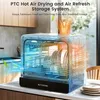 A transparent dishwasher filled with dishes, with graphics indicating hot air drying and air refresh. Produktbild-Vorschau