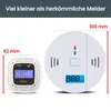 Two carbon monoxide detectors are shown side-by-side, with dimensions indicated by measurement lines and text. Voir les images du produit