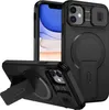 A black iPhone case with a kickstand and camera cover is shown against a white background. Produktbild-Vorschau
