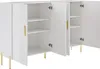 A white sideboard with gold legs and handles, with its doors open revealing shelves inside. Voir les images du produit