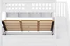 A white bunk bed with a slatted mattress base partially open, revealing storage underneath. Stairs are visible on the right side. Náhľad obrázku produktu