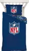 A blue NFL-themed duvet cover and pillowcase set laid out on a white bed frame. Voir les images du produit