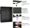 A product collage showing a black fabric wardrobe with several close-up details highlighting its features and construction. Produktbild-Vorschau