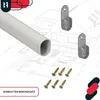 A white oval rod and two metal brackets are laid out on top of architectural blueprints. The rod is in the foreground, and the brackets are in the midground. The blueprints show a house design. Anteprima dell’immagine prodotto