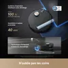 A robotic vacuum cleaner is shown with various features highlighted by text and graphics. Produktbild-Vorschau