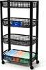 A black 4-tier rolling cart with wire baskets, shown against a white background. The bottom basket contains folded towels in blue, orange, and green. Voir les images du produit
