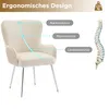 A beige upholstered chair with chrome legs is shown with diagrams illustrating its ergonomic design. Náhled obrázku produktu