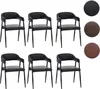 Six black dining chairs are arranged in two rows of three against a white background. To the right of the chairs are three circular swatches of material in black, dark brown, and lighter brown. Náhled obrázku produktu