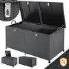 A dark grey rattan storage box with its lid open, showing the interior. Smaller images of the box in different configurations are shown in the bottom left corner. A close-up of the latch is in the top left corner. A UV protection icon is in the bottom righ Produktbild-Vorschau
