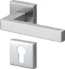 A modern, brushed stainless steel door handle set with a square escutcheon plate. Produktbild-Vorschau