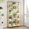 A tall, gold and white bookshelf filled with various potted plants, displayed indoors against a striped wallpaper. Produktbild-Vorschau