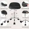 A product image with multiple callouts highlighting features of a black office stool with a chrome base. Produktbild-Vorschau