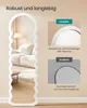 A full-length mirror with a wavy frame is shown, with close-up insets comparing its frame material to a standard frame. Produktbild-Vorschau