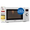 A silver microwave oven with various awards and promotional text overlays. Produktbild-Vorschau