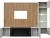 A modern media unit with a wood-paneled back, a black fireplace insert, and a tall glass-fronted cabinet with LED lighting. Produktbild-Vorschau