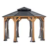 A wooden gazebo with a black roof and gray curtains, shown from the front on a white background. Náhled obrázku produktu