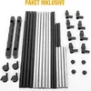 A collection of parts for a garment rack or storage unit, including black and silver poles, connectors, and wheels, laid out on a white background. Anteprima dell’immagine prodotto