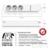 A white power strip with three outlets and two USB ports, shown from the top and side with dimensions indicated. Voir les images du produit