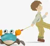 A cartoon illustration of a boy walking and pulling a toy crab on a leash. Produktbild-Vorschau