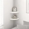 Two white corner shelves mounted on a wall, decorated with a framed picture, a vase, and decorative objects. Voir les images du produit