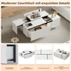 A collage of images showcasing a modern white coffee table with multiple drawers and a sliding top, presented in various configurations and close-ups of its features. Voir les images du produit
