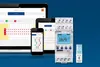 A digital timer and multiple devices displaying programming interfaces are arranged together against a blue background. Produktbild-Vorschau