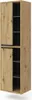 A tall, narrow cabinet with two sections, each with two doors and visible shelves inside. The cabinet has a wood grain finish.