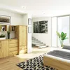A modern bedroom with a wooden wardrobe, shelves, a bed, and a staircase. Produktbild-Vorschau