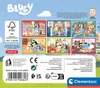 The back of a Clementoni Bluey puzzle box, showing multiple puzzle scenes and product information. Produktbild-Vorschau