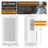 A man relaxing in a room with a Brandson dehumidifier shown in two views with dimensions and feature callouts. Produktbild-Vorschau
