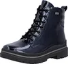 A single blue patent leather boot with black laces and a thick black sole, shown against a white background. Produktbild-Vorschau