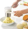 Hands using a potato ricer to mash potatoes into a bowl, with other vegetables in the background. Anteprima dell’immagine prodotto