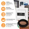 A white thermostat is shown on a white wall plate, with a black cable coiled in the foreground. To the left, there are several orange circular icons with text describing product features. Anteprima dell’immagine prodotto
