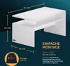 Product image showing a white coffee table with dimensions and assembly information. Produktbild-Vorschau