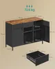 A diagram showing the dimensions of a black metal storage cabinet with a wooden top, with a separate diagram of a drawer. Náhled obrázku produktu