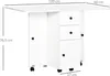 A white folding table with drawers and a cabinet, shown with dimensions indicated. Produktbild-Vorschau