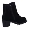A black suede ankle boot with a block heel, shown from the side against a white background. Produktbild-Vorschau