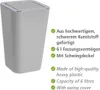 A grey trash can with a silver rim and lid, shown next to a list of its features in German and English. Produktbild-Vorschau